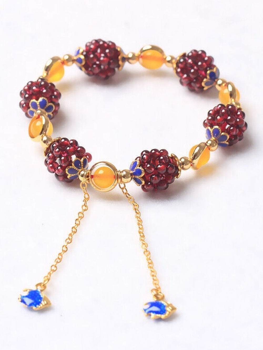 Natural Garnet Citrine Stretch Bracelet Boho Statement Beaded Crystal Gold Tone - Picture 4 of 5